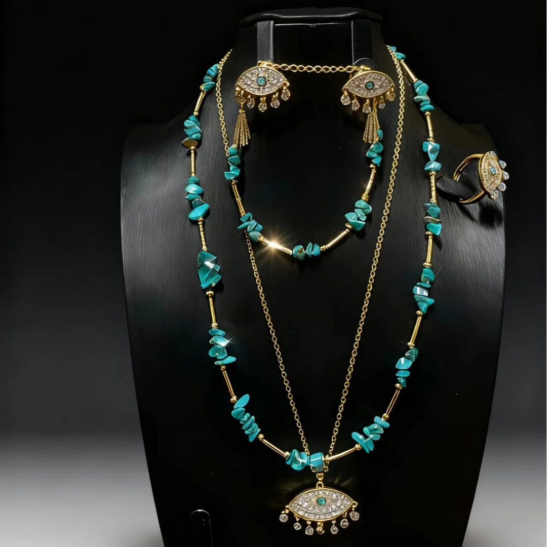 不锈钢大理石项链 复古少女风气质日韩女蓝色中国风(五件套）