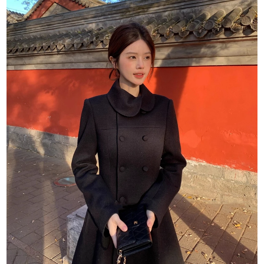 赫本小香风毛呢外套女长款秋冬款黑色韩版休闲时尚双排扣呢子大衣