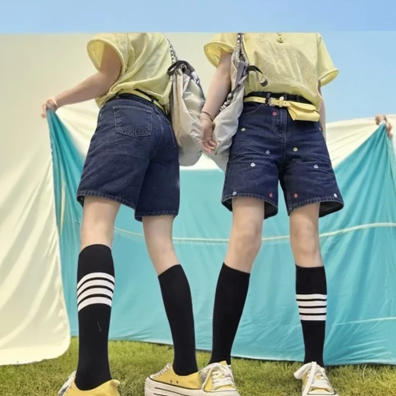 高腰刺绣牛仔短裤女款爆款2025新款夏季薄款显瘦大码小个子阔腿裤