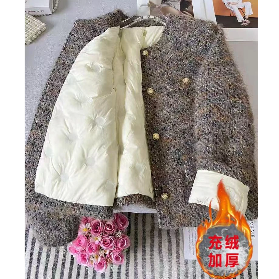 【有运费险】充绒短款渐变小香风保暖女冬季紫粉色高级感外套P2436
