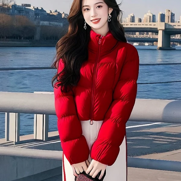 跨年新年氛围感保暖穿搭红色厚款棉服女撞色阔腿休闲裤子两件套