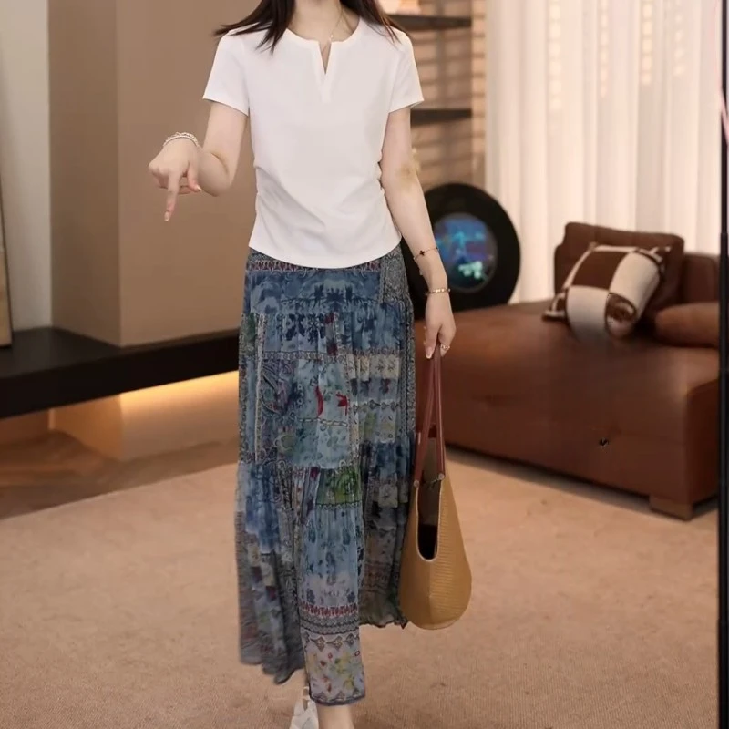 夏季薄款设计感上衣女士t恤+百搭显瘦半身裙套装LK2503360