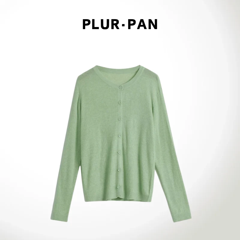 PLUR·PAN定染排扣柔软圆领细坑条针织开衫