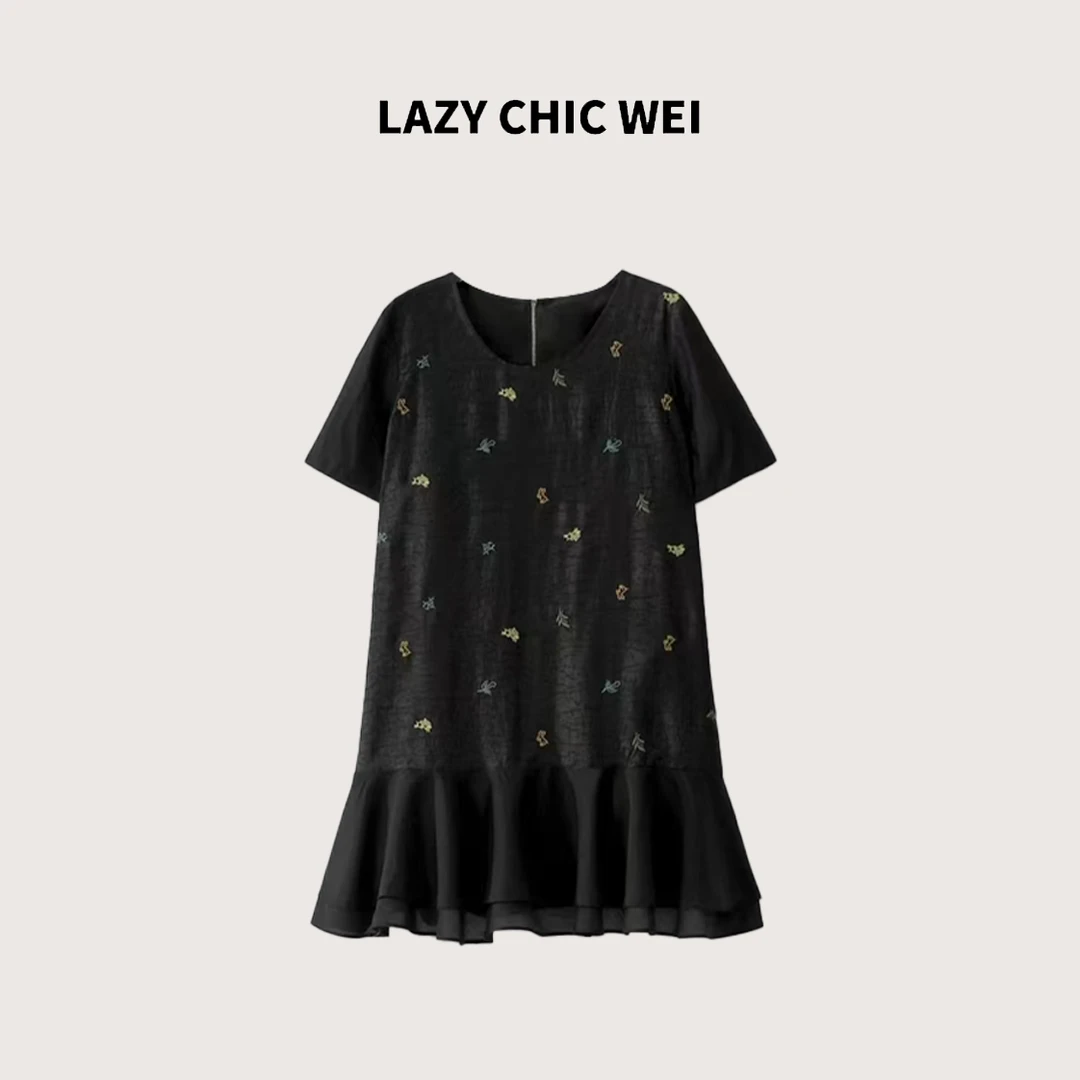 WEI “彩绣”100桑蚕丝香云纱皲裂纹轻奢优雅连衣裙25SSW1317