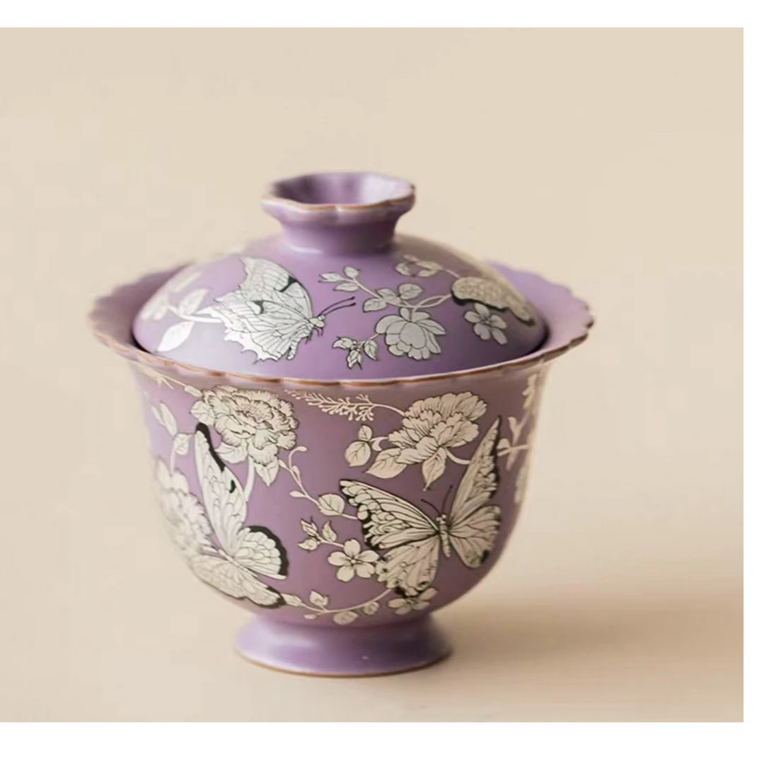 蝶恋花--紫汝陶瓷花边盖碗