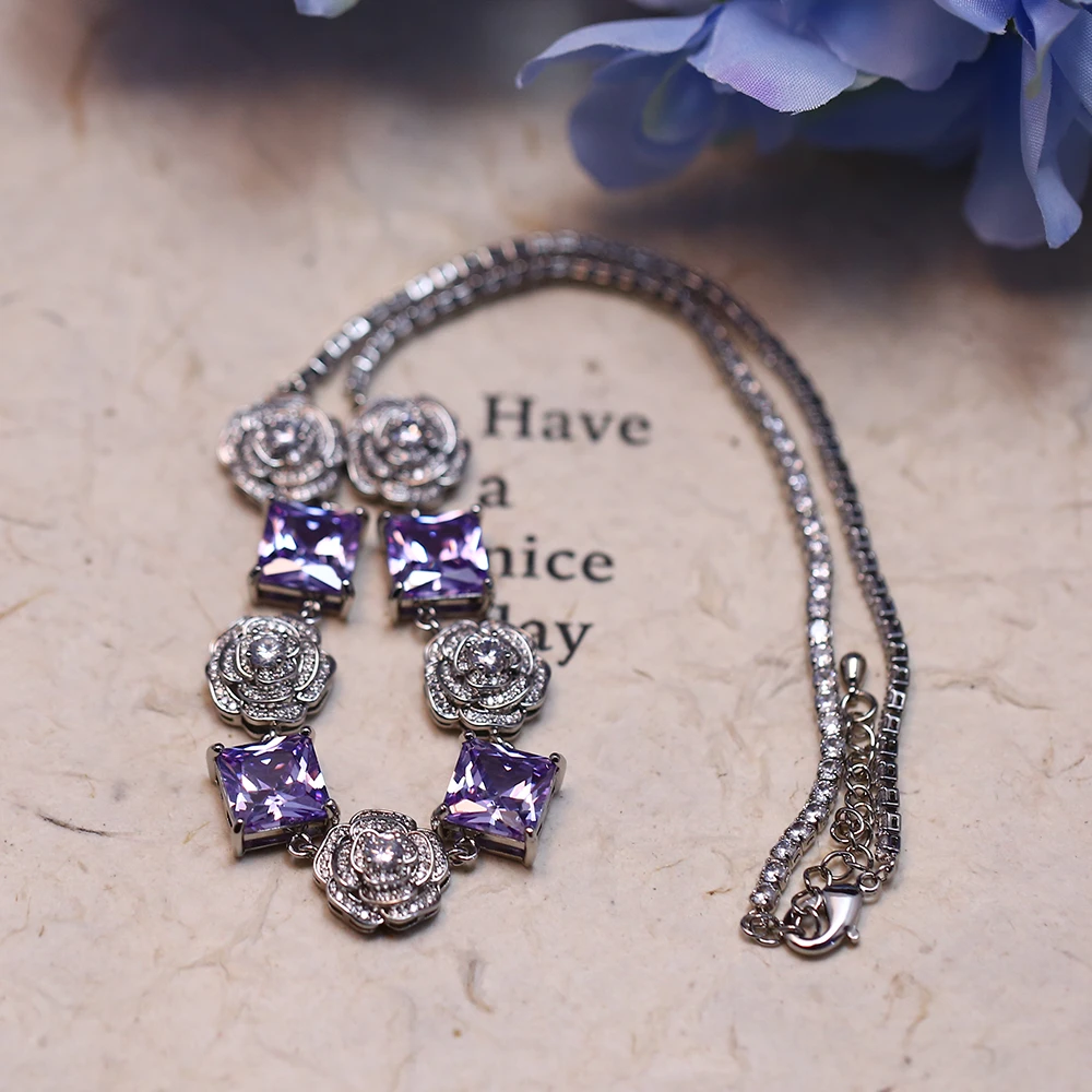 铜合金合成锆石项链 法式小香风紫色几何个性精致设计项链-8203