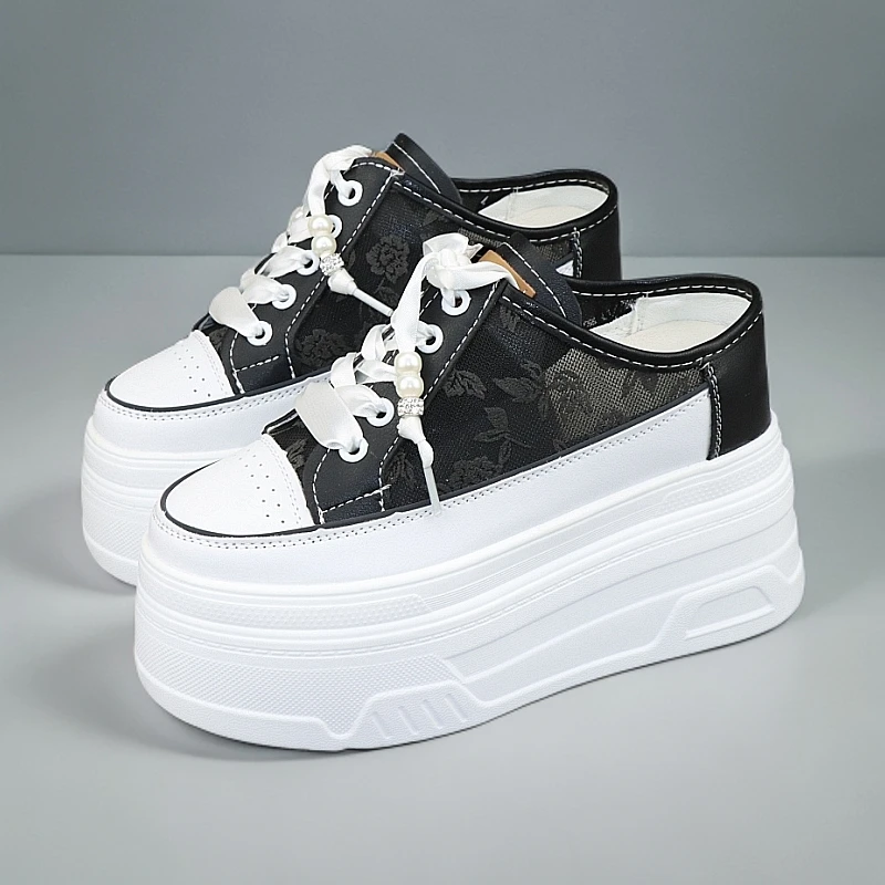 跟高10厘米夏季新款网面透气厚底小白鞋一脚蹬包头半拖小个子女鞋