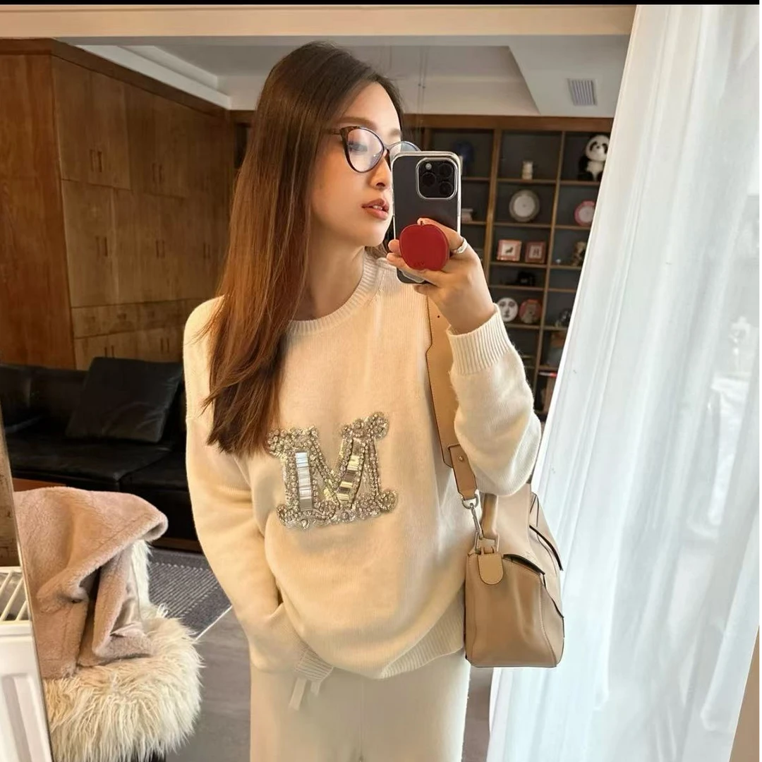 全新未使用 MaxMara 徽标套头针织衫水钻M字母 蓝色/燕麦色/XS-L