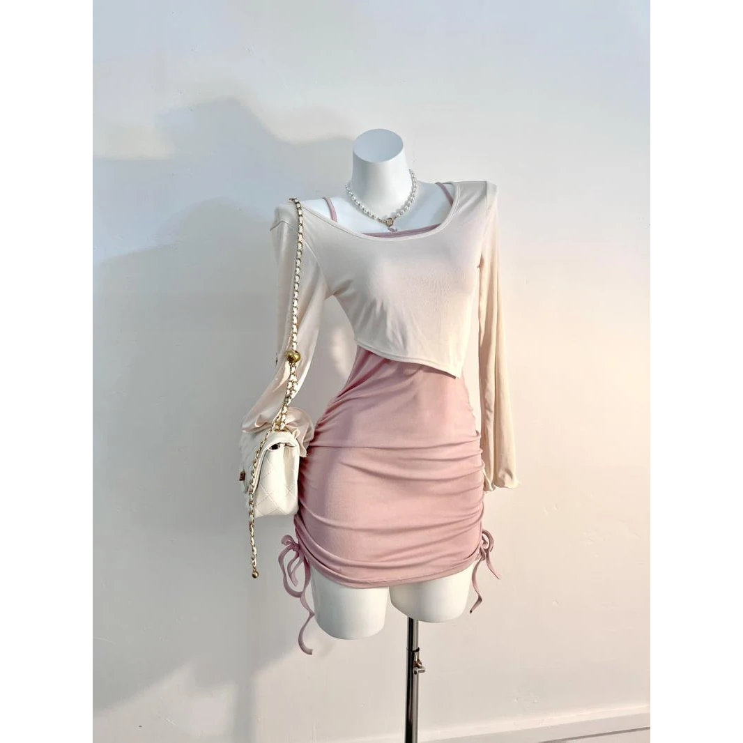 法式恤短袖连衣裙女夏季2025新款设计感小众收腰显瘦开叉字裙子