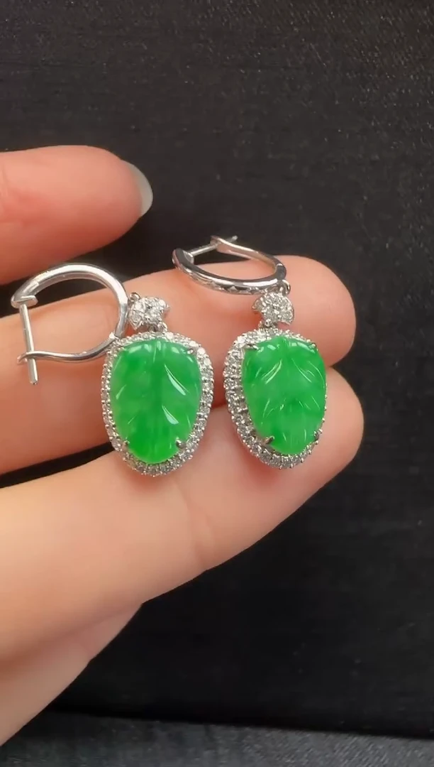 【闪购商品】翡翠耳饰18K金镶嵌533叶子一对