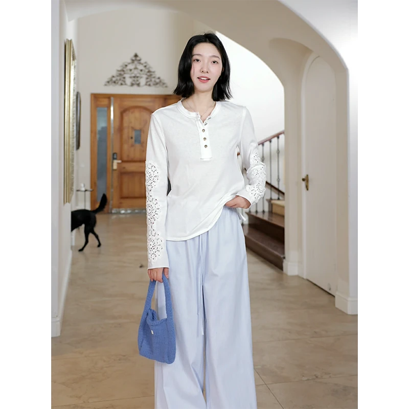 郭九九呢 棉质蕾丝花边拼接宽松显瘦长袖t恤直筒长裤 G925A03151