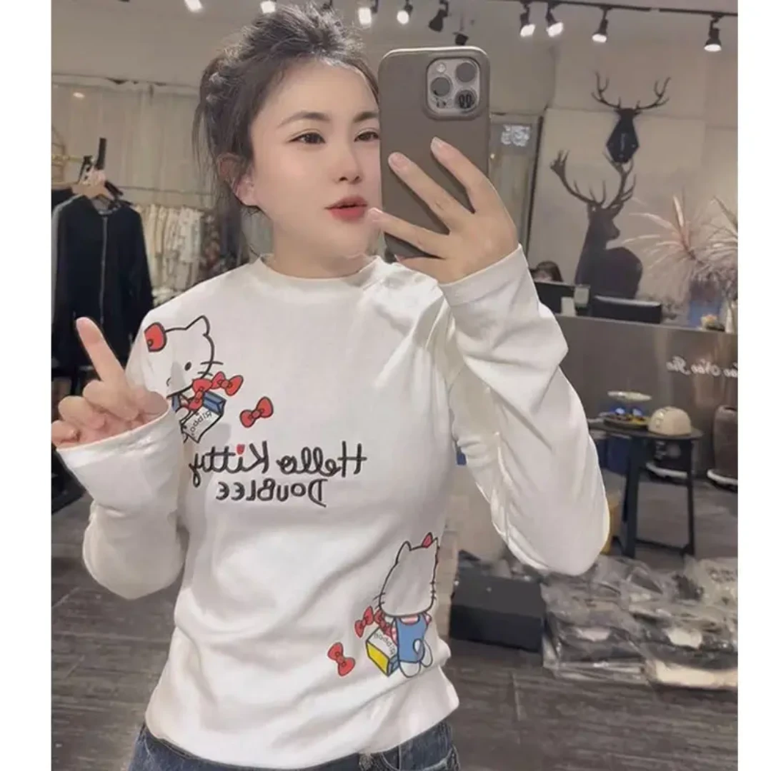 白色KT猫味卡通图案长袖打底衫女2025秋季新款修身显瘦上衣潮牌