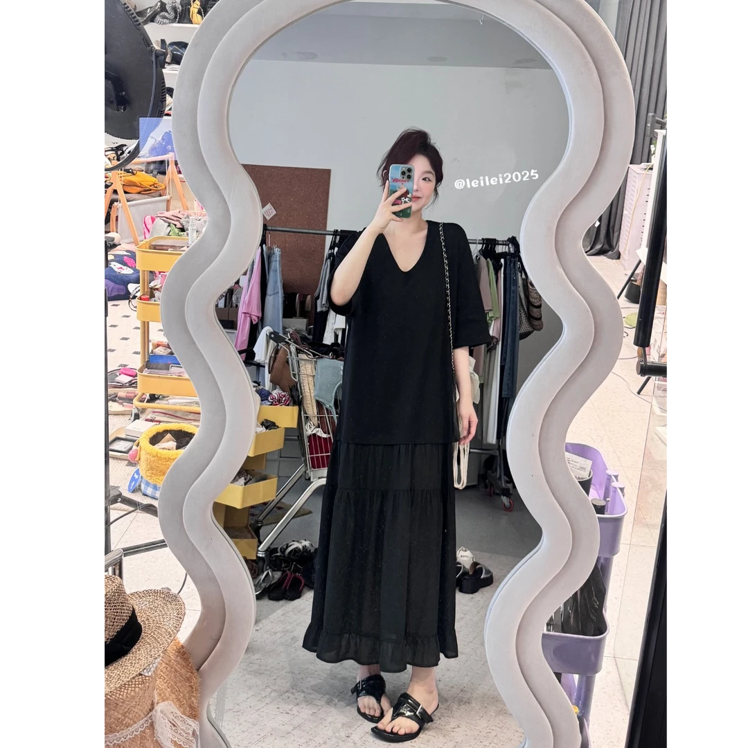 晶咕【海边日记】两种不同面料拼接V领宽松短袖连衣裙百搭气质