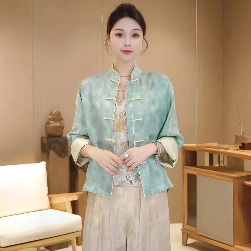 新中式外套高端年轻款立领盘扣双面穿重工提花国风宋锦上衣女春季