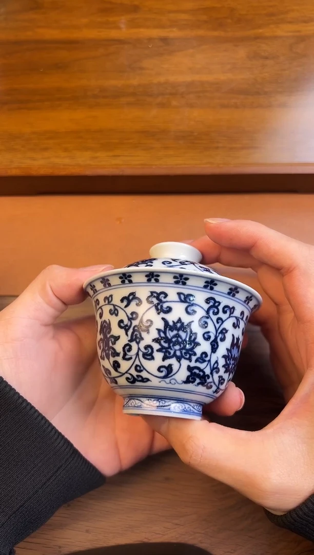 问青坊纯手工手绘青花缠枝莲柴窑二才盖碗