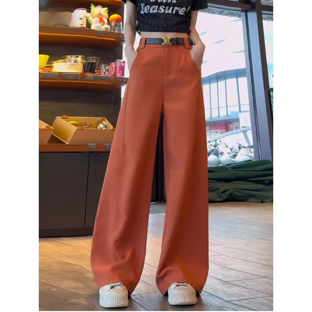 拉夏贝尔窄版阔腿裤女2025新款夏季高腰显瘦垂感洋气西装直筒裤子
