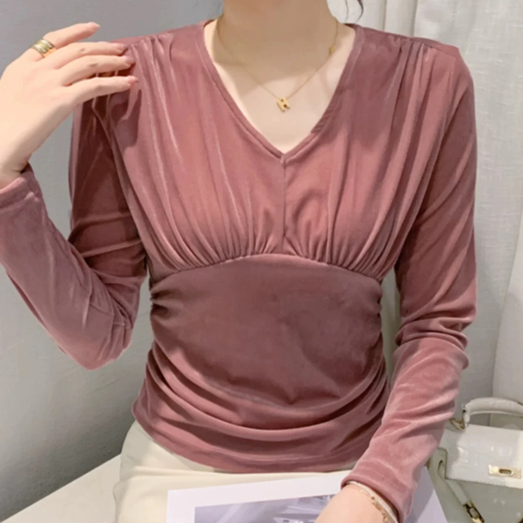 6033 欧货女装金丝绒春秋新款褶皱拼接V领T恤上衣女修身打底衫