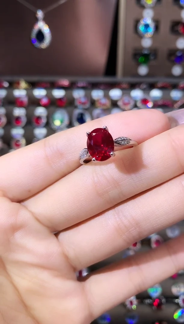 银S925镶嵌戒指红宝石810酒红银色