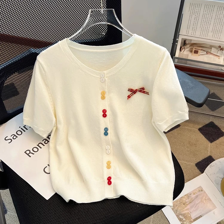 大码女装彩色排扣针织开衫别致蝴蝶结T恤女夏季宽松显瘦短袖上衣