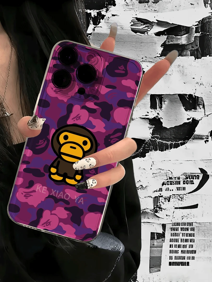 BAPE卡通小猴MILO迷彩iPhone15ProMax适用于苹果14手机保护软壳