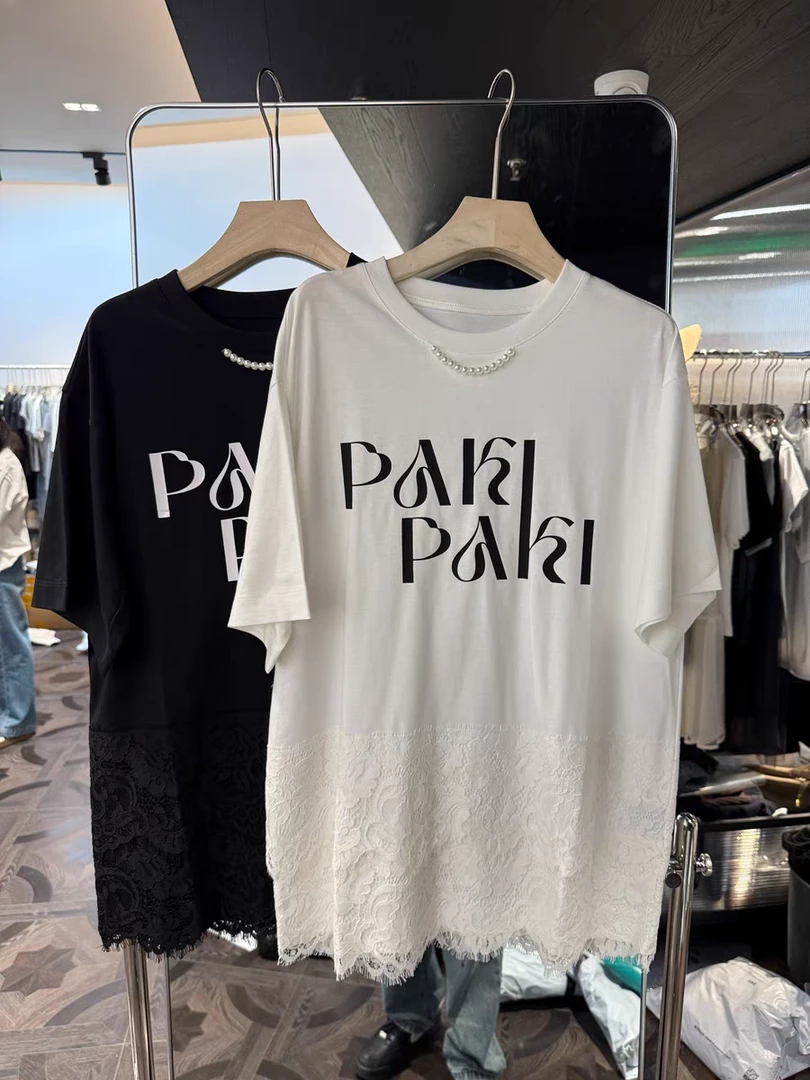 深圳南油2025春夏新款欧货圆领宽松字母拼接蕾丝短袖T恤女上衣