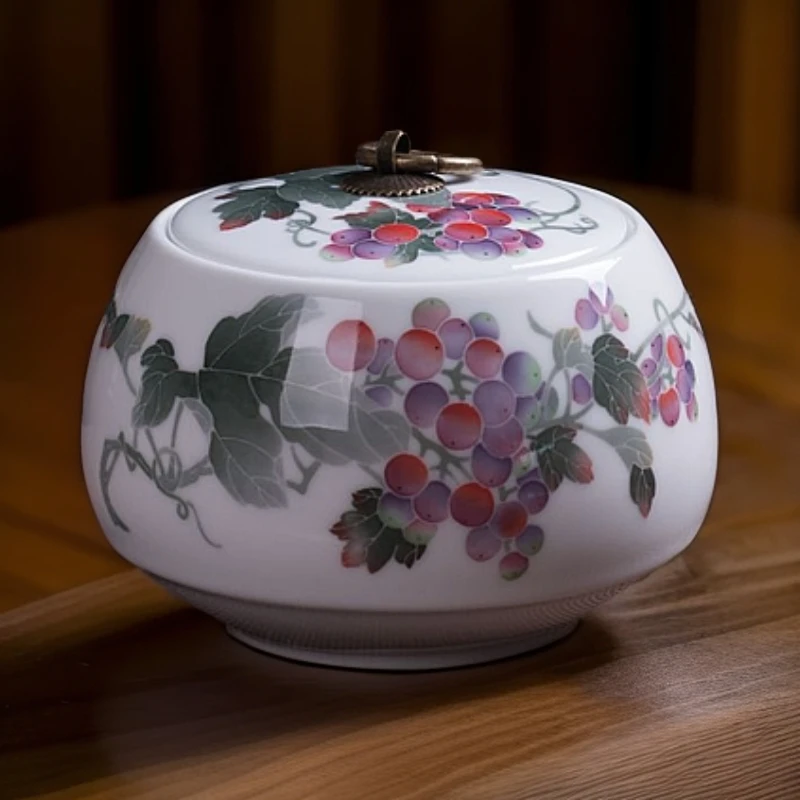 釉下彩手绘陶瓷茶叶罐茶罐密封罐防潮储存大号普洱茶盒高档茶叶罐