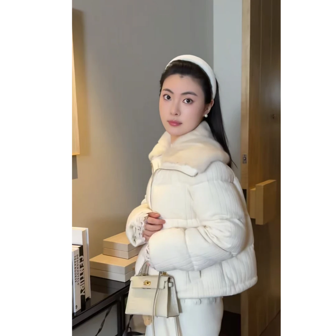 PM王囡囡 米白色绵羊毛山羊绒肌理感鹅绒外套 ND1C1796