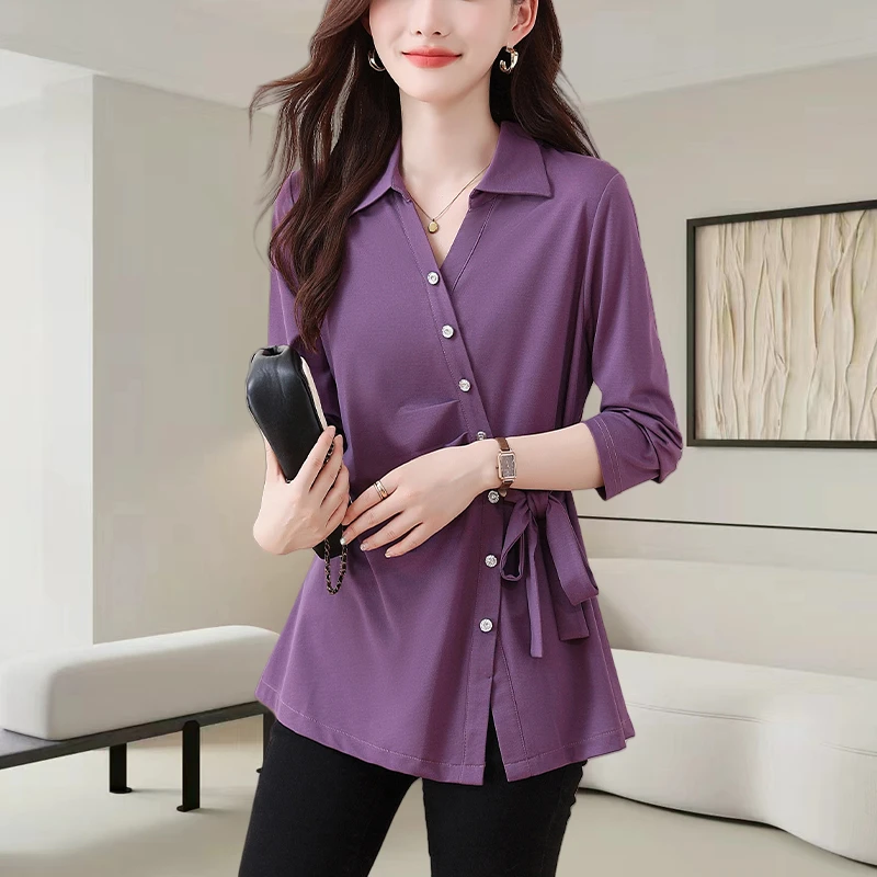 高级感纯色翻领长袖衬衫女2025秋季新款洋气减龄收腰显瘦休闲上衣