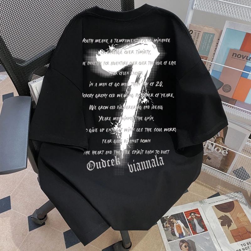 100%重磅纯棉宽松vintage通勤男女同款夏日潮牌短袖T恤个性慵懒风