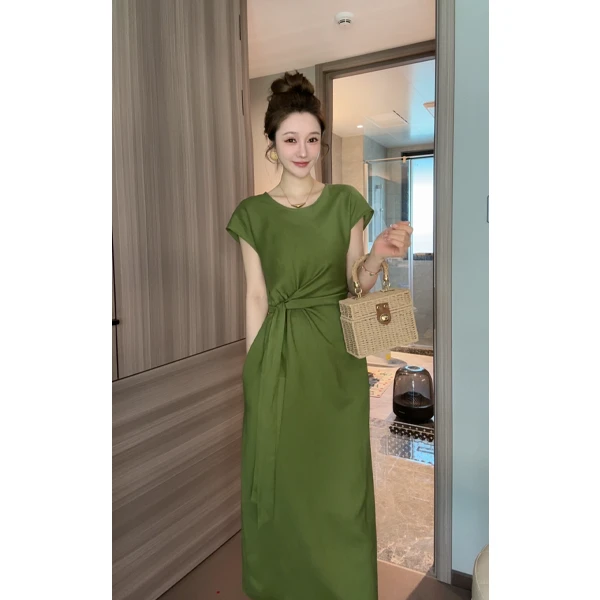 夏季天丝亚麻减龄气质收腰显瘦长裙女下摆开叉新中式老钱风连衣裙