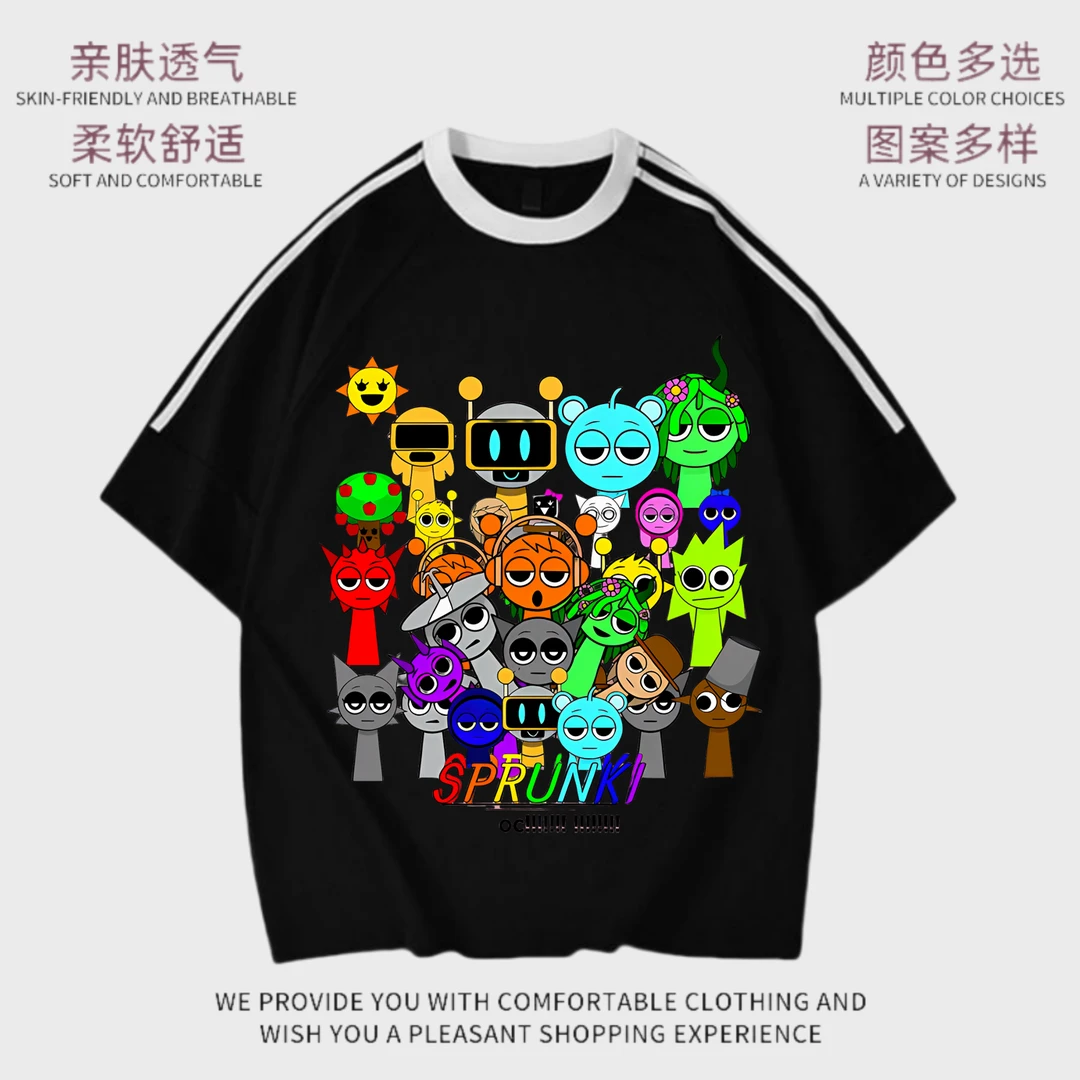 节奏盒子Sprunki音乐游戏儿童夏季纯棉短袖T恤男女童宽松三条杠