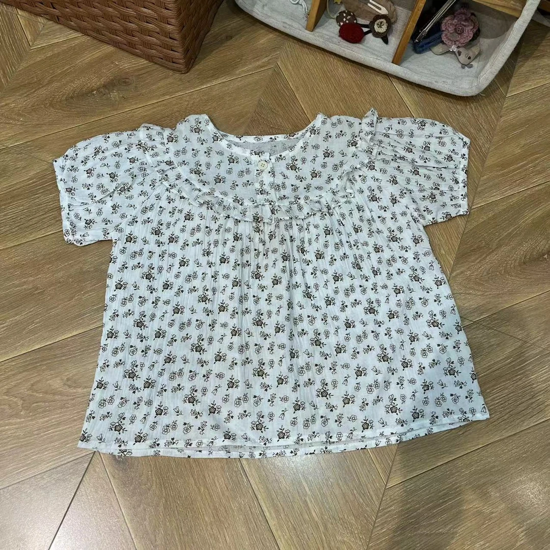 〖姐姐家〗2025夏款儿童碎花圆型木耳花边娃娃衫上衣衬衫xx24835