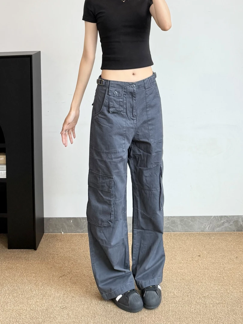 XTD国潮美式复古宽松直筒腰围可调节多口袋工装裤女阔腿高街长裤