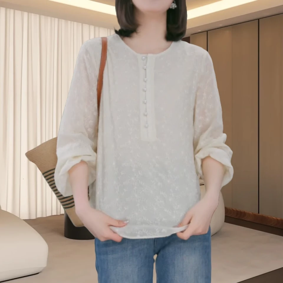 2025春季新款洋气珍珠扣小衫女时尚圆领长袖精致上衣宽松慵懒小衫