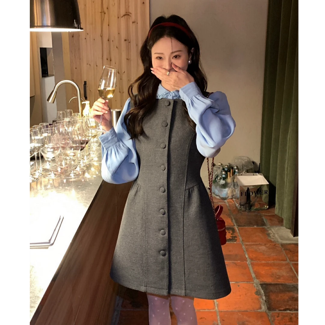 法式复古收腰显瘦系扣设计背心连衣裙韩系娃娃领单排扣上衣衬衫