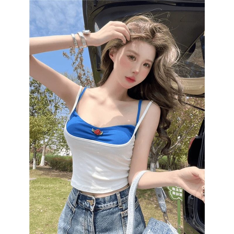 蓝色假两件吊带背心女外穿夏季美式甜热辣妹性感抹胸上衣泰式小众