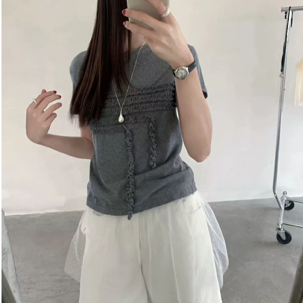 贴布绣木耳边圆领褶皱拼接T恤运动经典收腰女士时尚韩系百搭