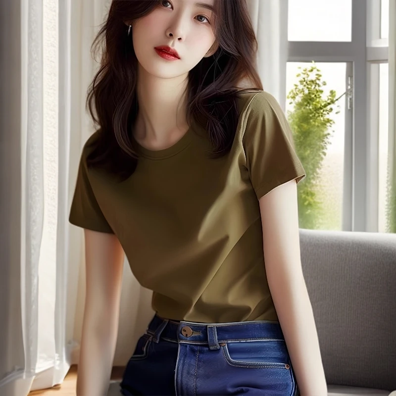 咸菜绿色正肩短袖T恤女2025新款春季欧货小衫洋气别致百搭小上衣