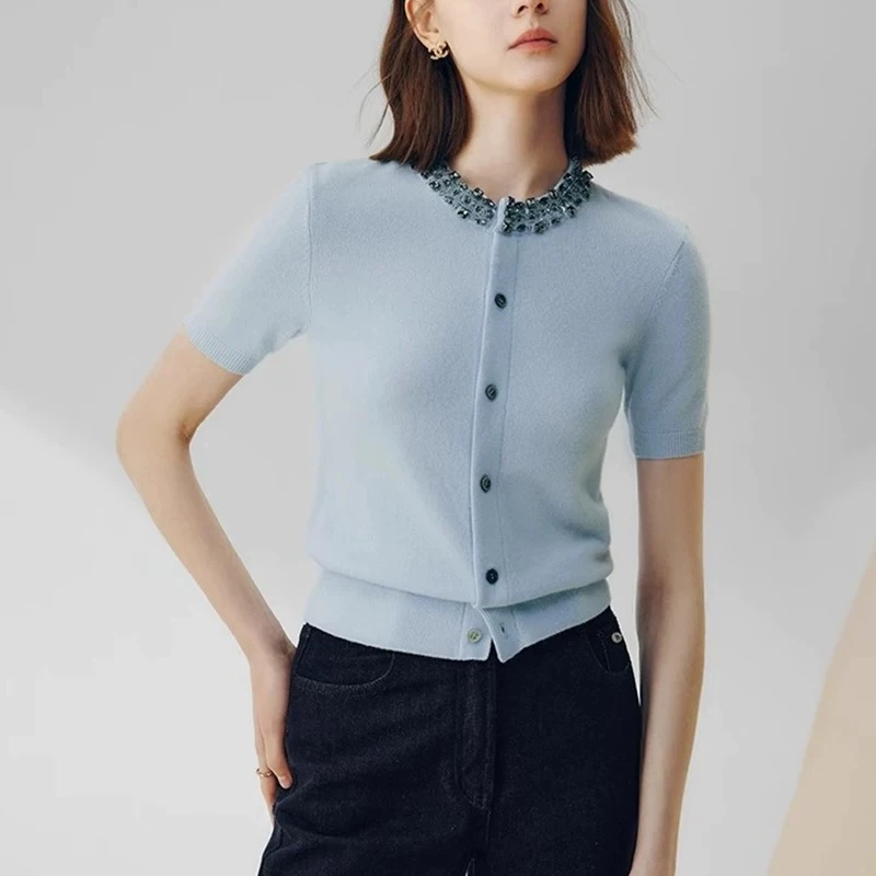 5144法式小香风钉珠miu系针织开衫女2025夏新气质短袖上衣显瘦