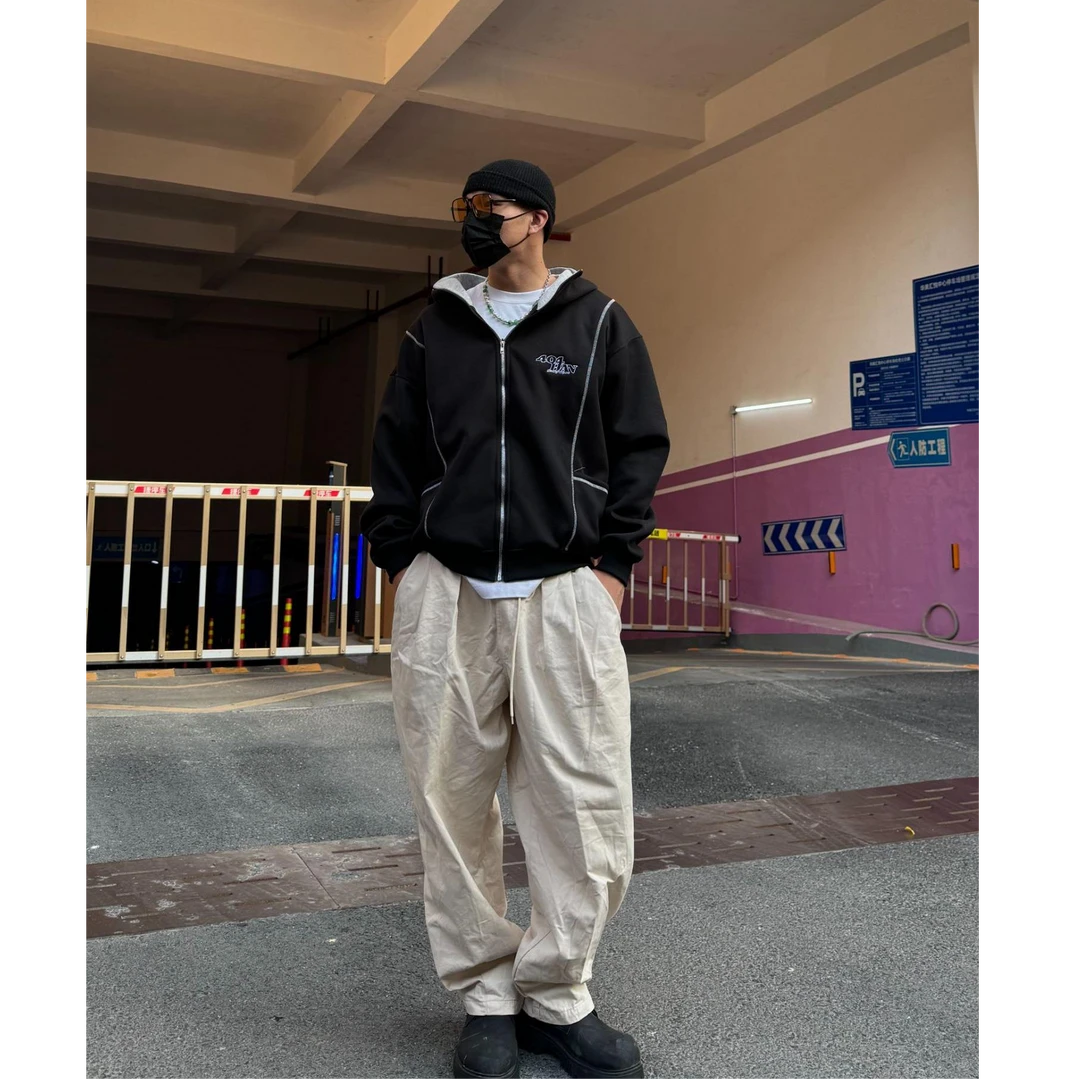 HandSeven秋季连帽开衫休闲情侣卫衣重磅潮牌刺绣学生外套宽松