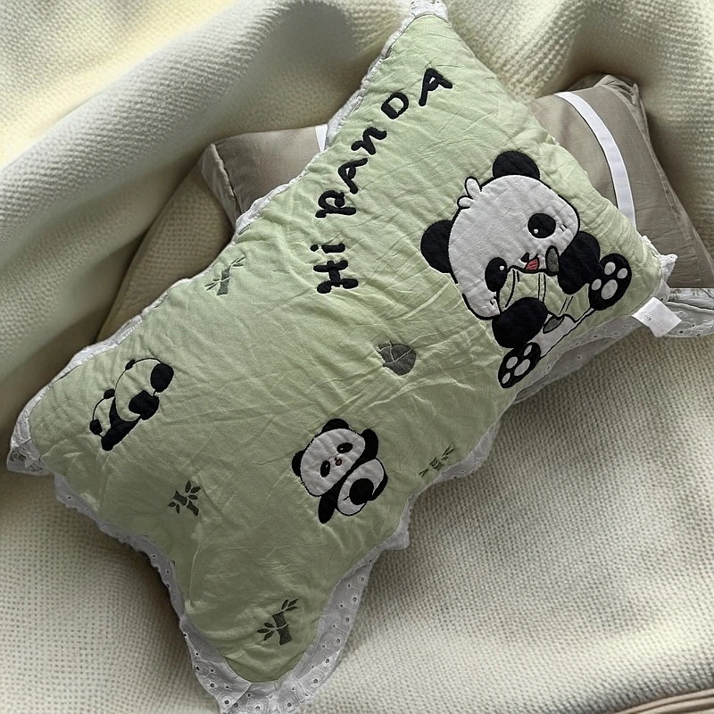 【竹子熊猫】52*78纯棉韩式花边透气柔软韩式蕾丝花边枕巾