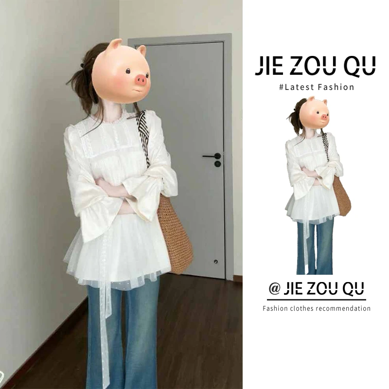 MARIE.COCO少女感穿搭防晒长袖衬衣宽松显瘦设计感直筒牛仔裤套装