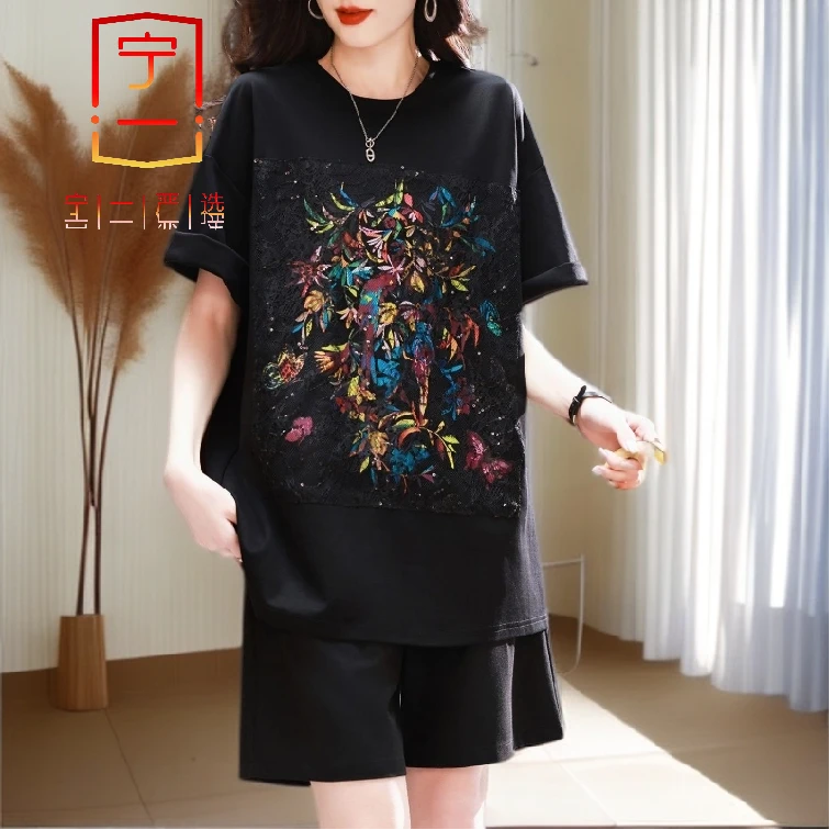 【宁一女装】时尚洋气显瘦蕾丝洋气拼接树叶印花设计感短袖T恤新款