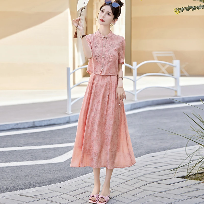 新中式收腰连衣裙套装显瘦气质短袖复古优雅夏季女装两件套