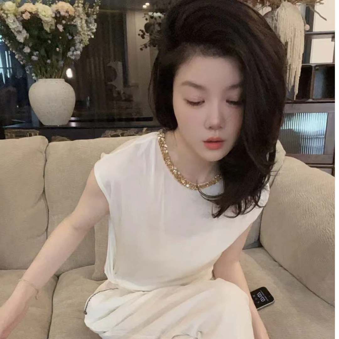 【悦悦专属】韩系圆领拼亮片气质设计感上衣Y540