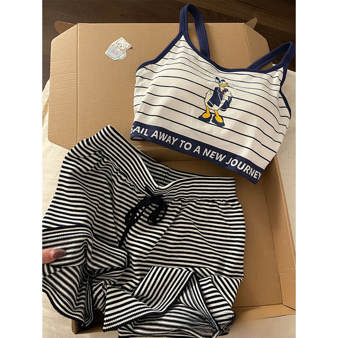 可爱唐老鸭印花带胸垫吊带睡衣女夏2025新款短裤套装家居服了完成