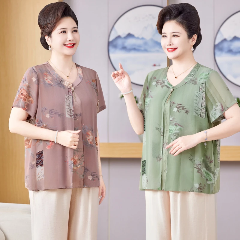 120-240斤中老年妈妈装中式雪纺小衫气质假两件套装时尚洋气T恤衫