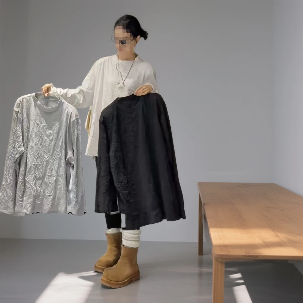 2025韩国时尚休闲宽松圆领纯色百搭长袖褶皱T恤98081