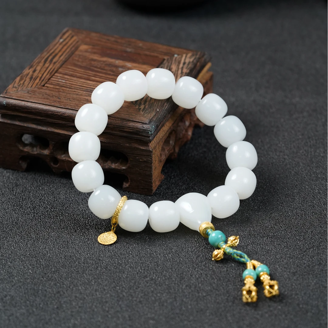 【石缘居珠宝】18K金镶嵌和田玉羊脂白时尚大气款老型珠手串 C2-19