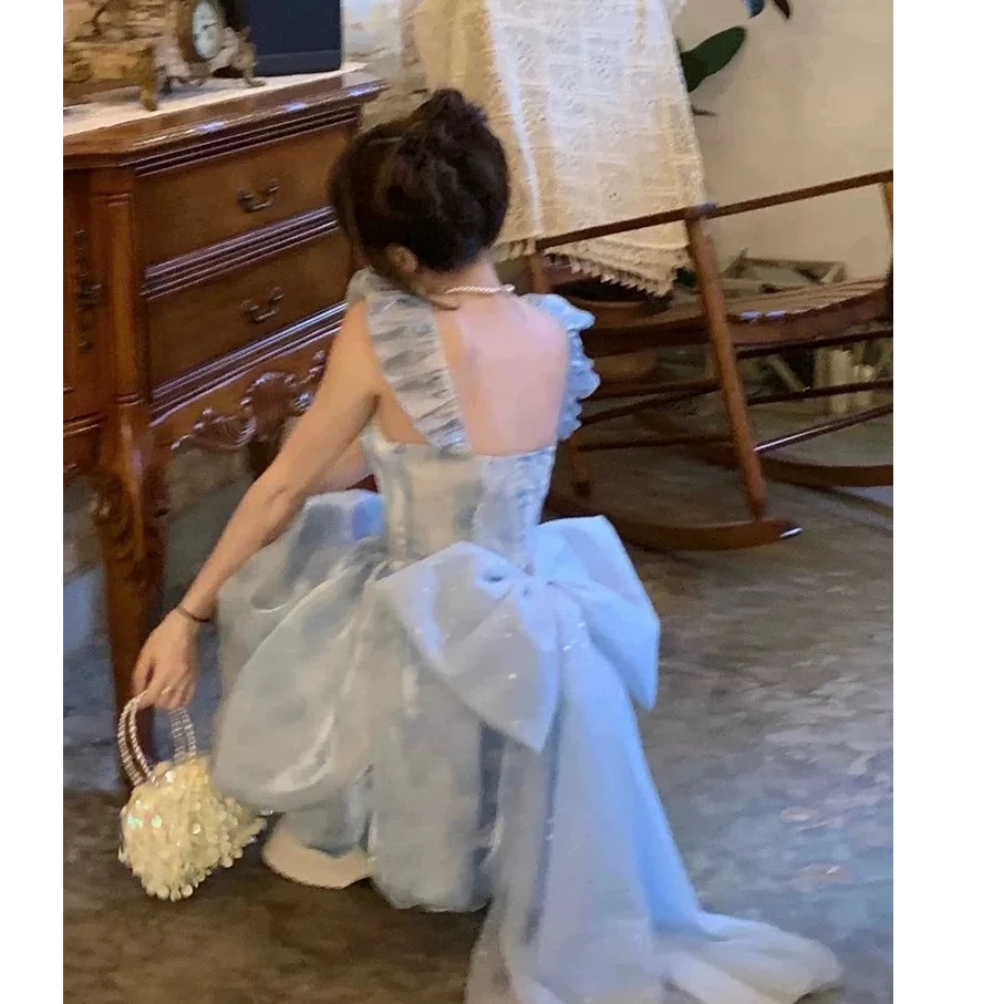 【碎梦星野】炫蓝珠光琉璃大蝴蝶迪士尼公主裙飞飞袖花苞裙带打底裤
